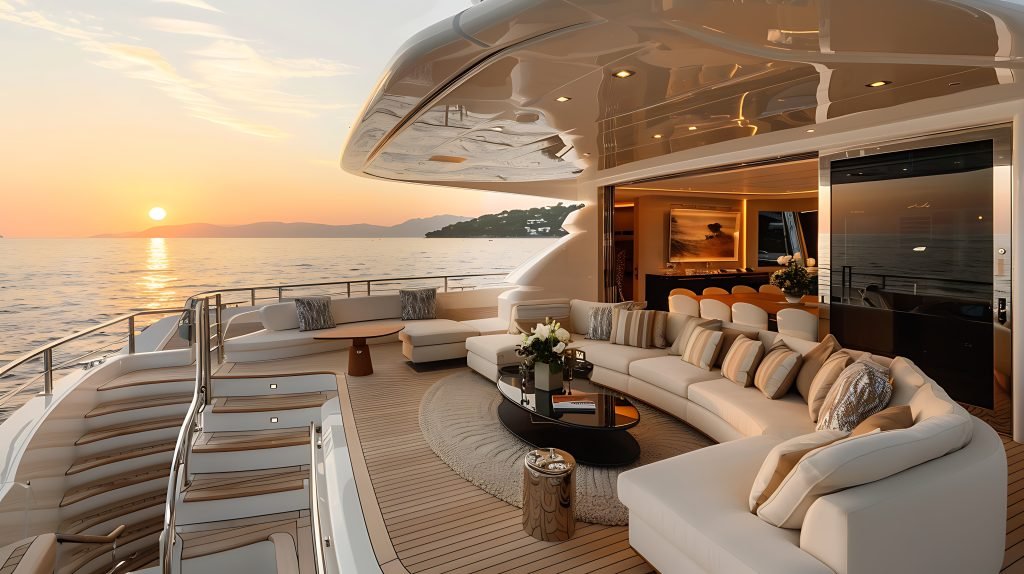 luxurious yacht interior featuring elegant furniture and a beautiful sunset view over the sea horizon.