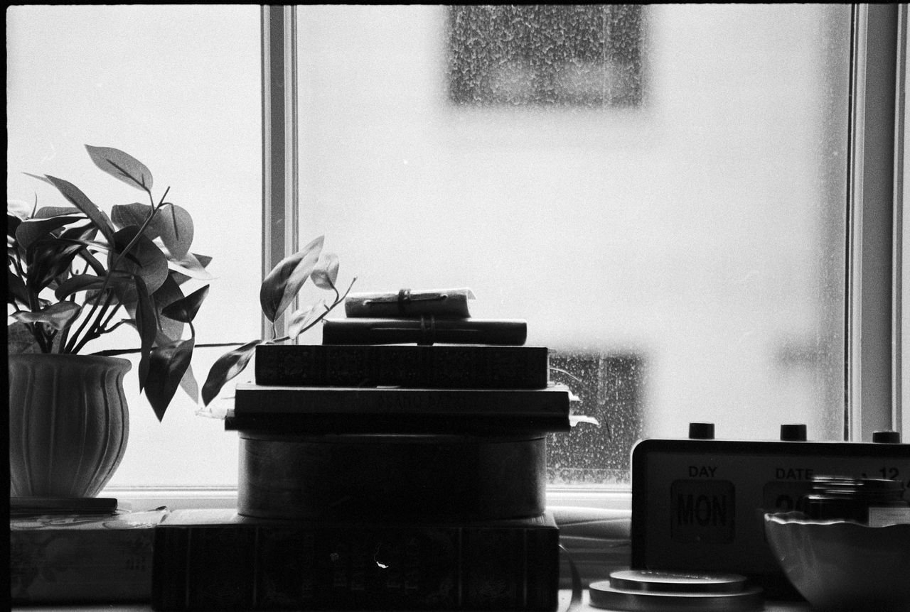 How we work Black and white photograph of books and plant on windowsill in rainy day.